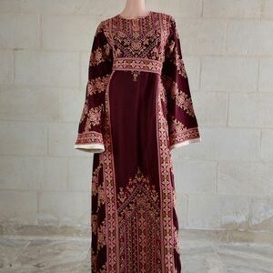 Palestinian Thobe Tatreez Dress Burgundy and Beige